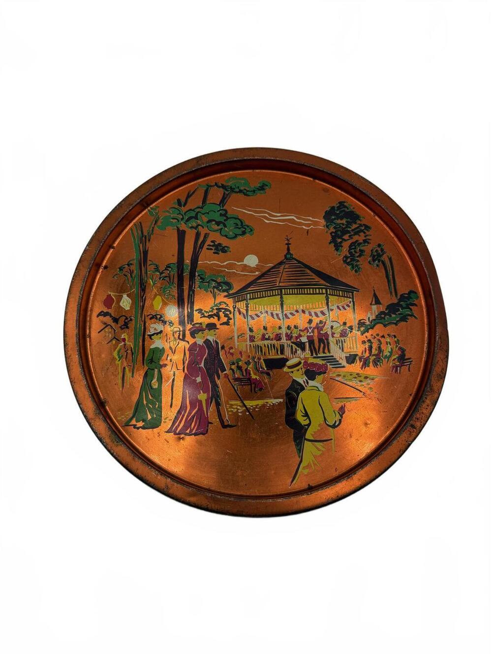 Vintage Round Copper Serving Tray with Painted Victorian Scene